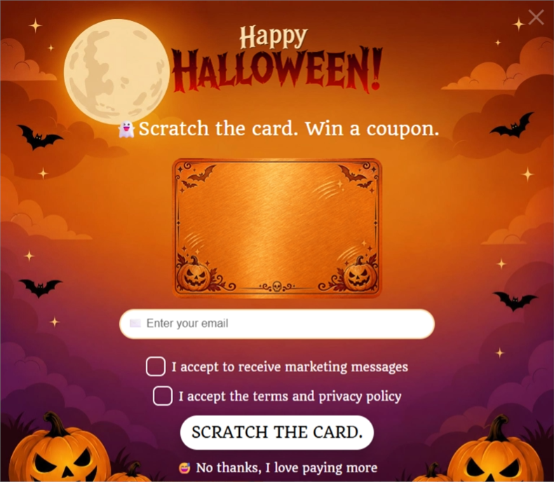 Harvest Moon Halloween, a scratch card pop-up template