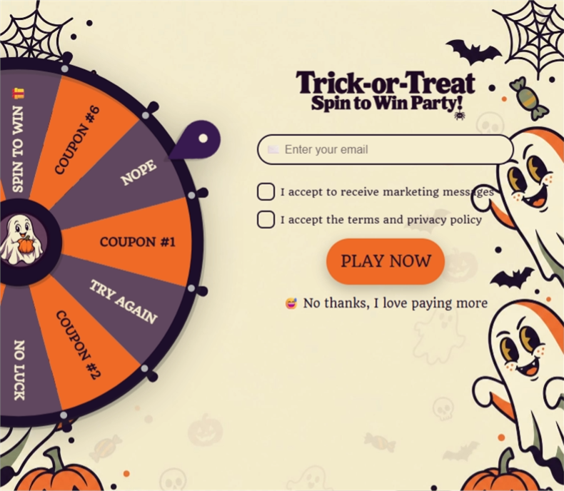 Trick-or-Treat Spin to Win Party!, a spin wheel pop-up template