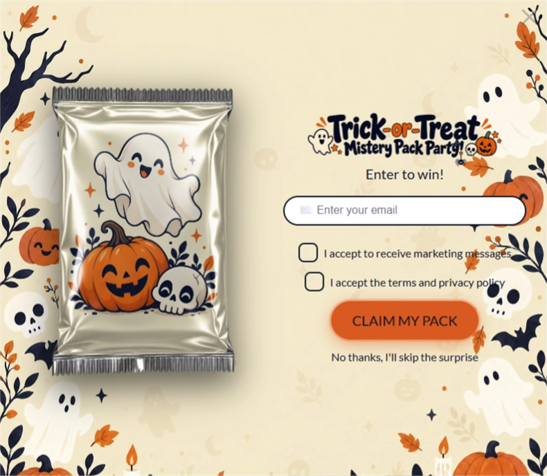 Trick-or-Treat • Mystery Pack Party, a mystery pack pop-up template