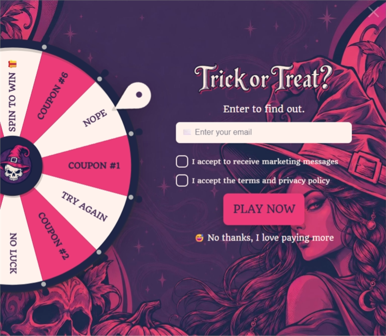 Wicked Wheel, a spin wheel pop-up template