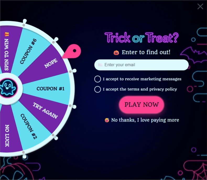 Neon Halloween Wheel, a spin wheel pop-up template
