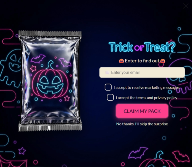 Neon Halloween Mystery Card, a mystery pack pop-up template