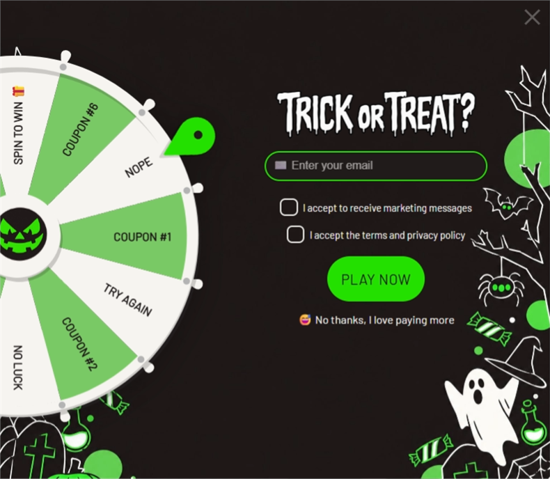 Electric Halloween Wheel, a spin wheel pop-up template