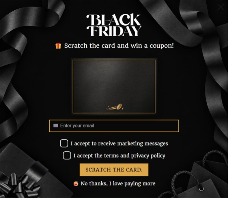 Black Satin Friday Scratch, a scratch card pop-up template