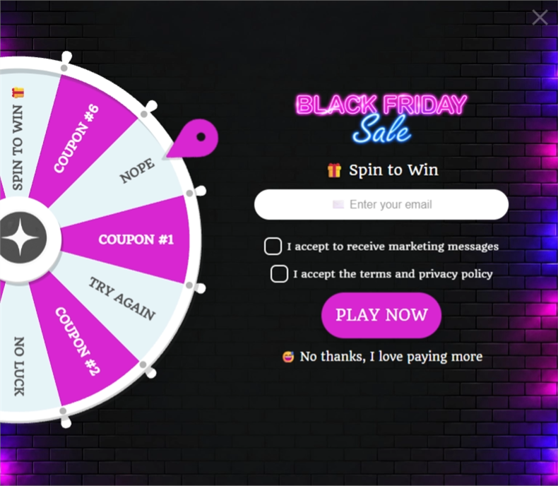 Neon Brick Friday Wheel, a spin wheel pop-up template