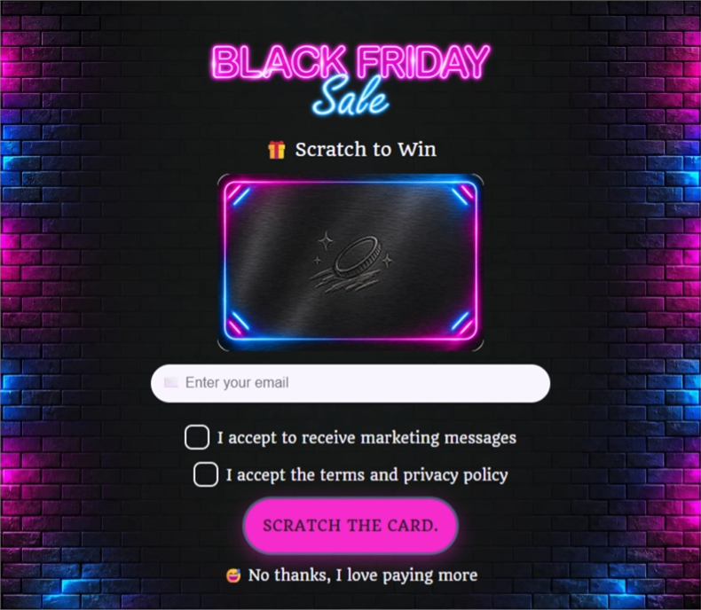 Neon Brick Friday Scratch Card, a scratch card pop-up template