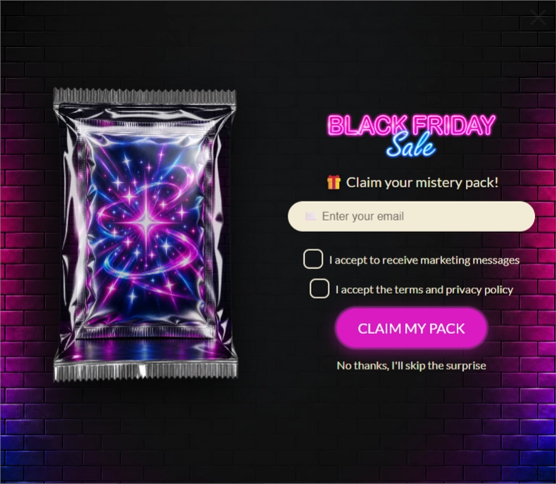 Neon Brick Friday Mystery Pack, a mystery pack pop-up template