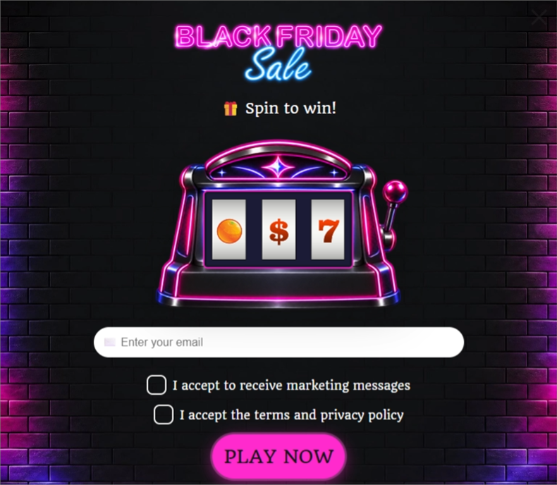 Neon Brick Friday Slot, a slot machine pop-up template